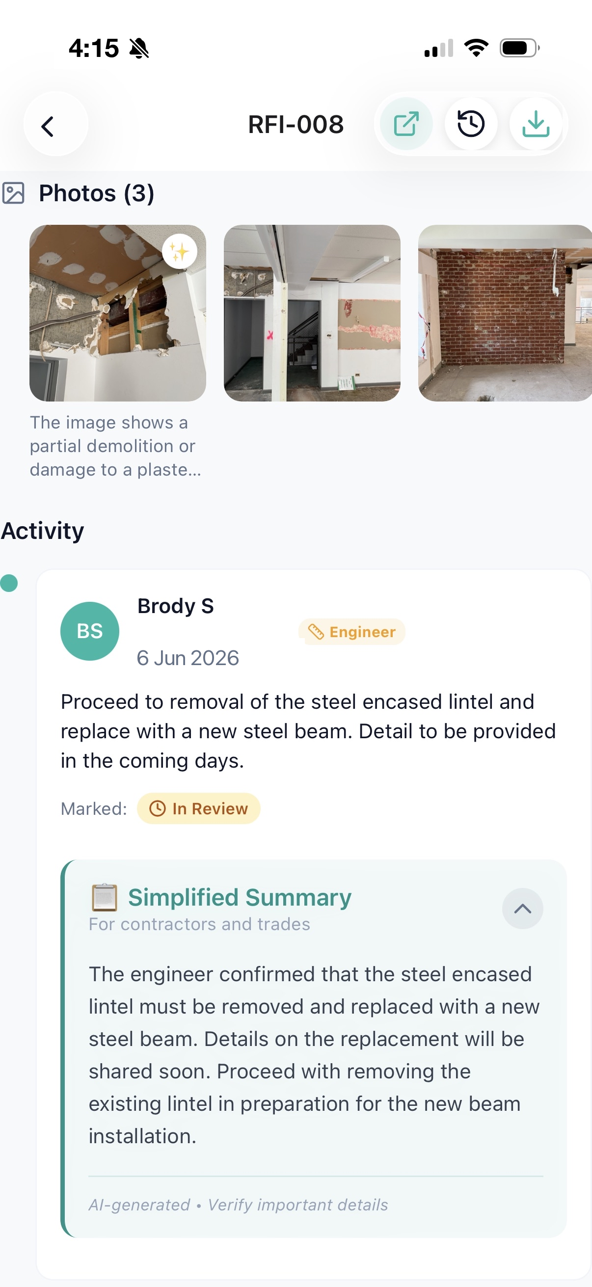 SiteStream RFI activity screen with engineer response