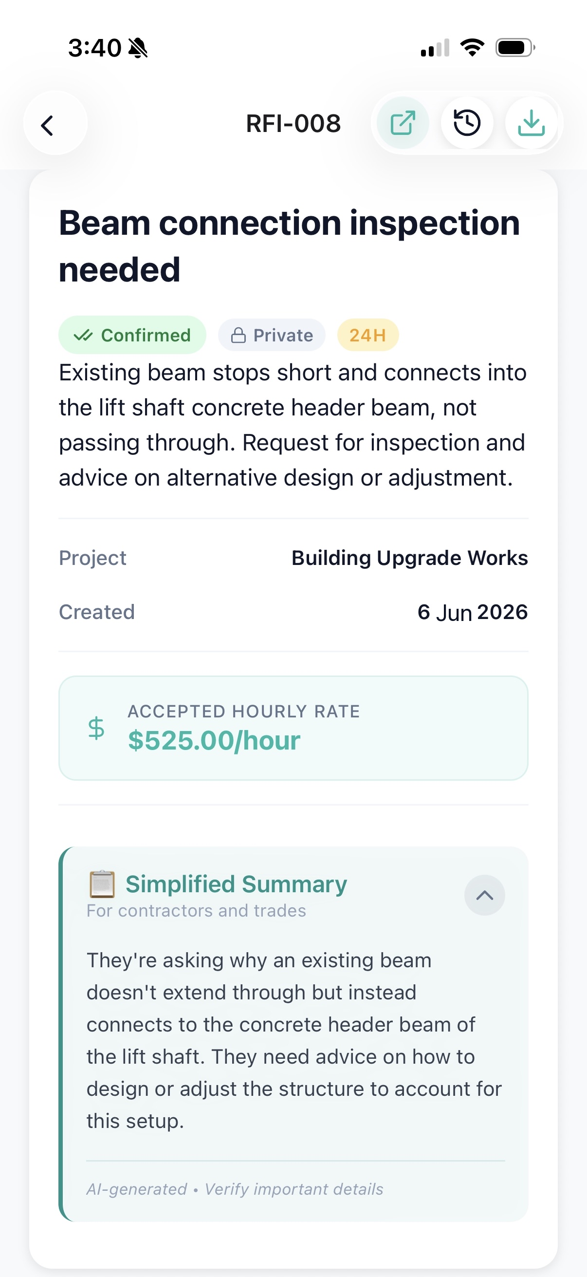 SiteStream RFI detail screen with simplified summary
